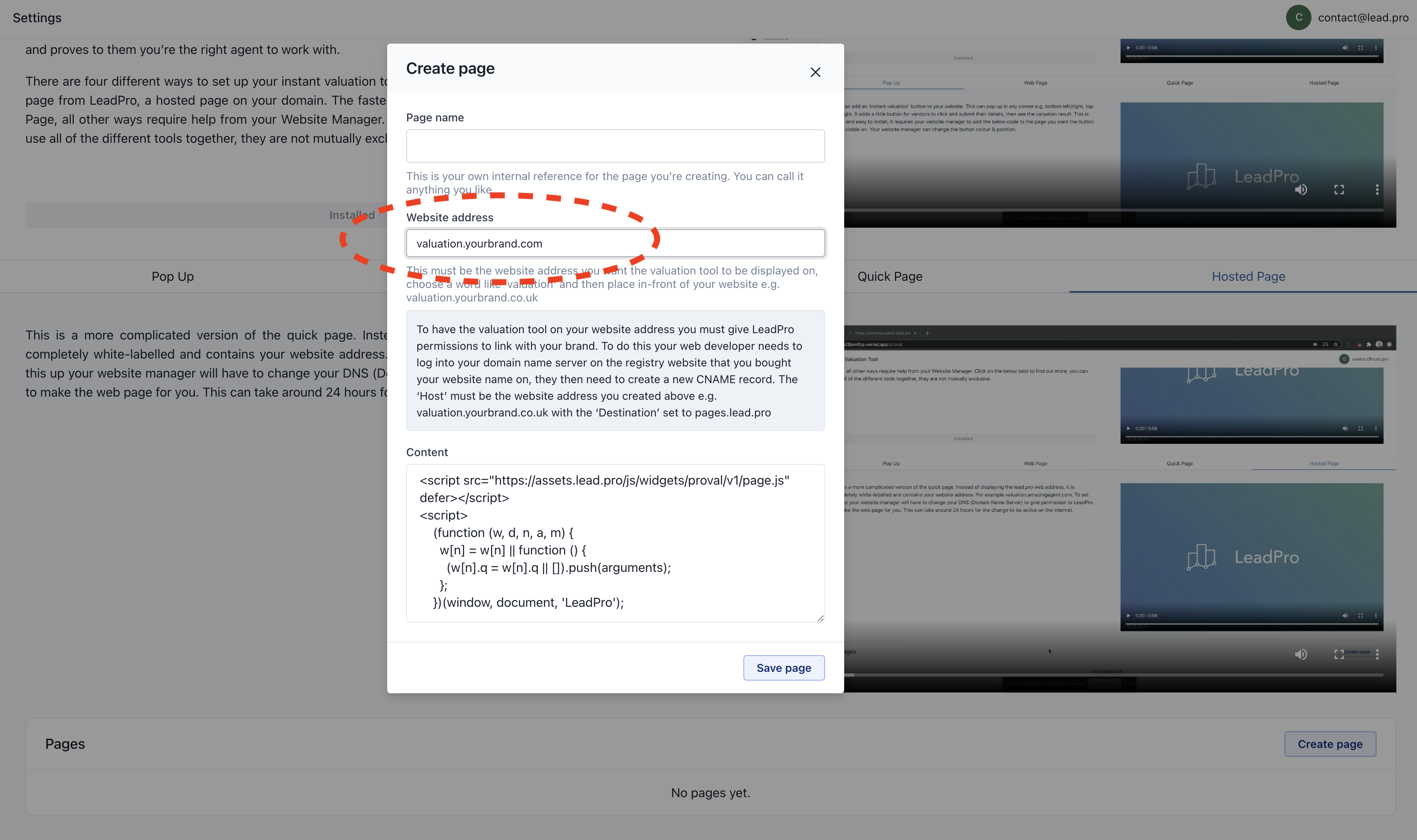 Set you hosted page website address.png